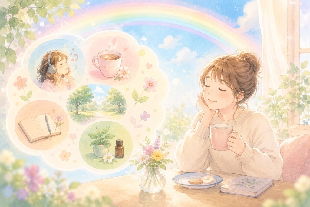 飲み物をもってリラックスする女性