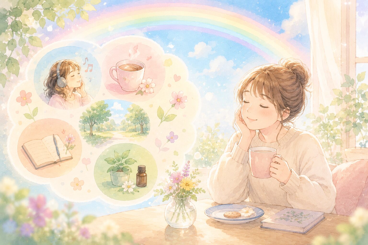 飲み物をもってリラックスする女性