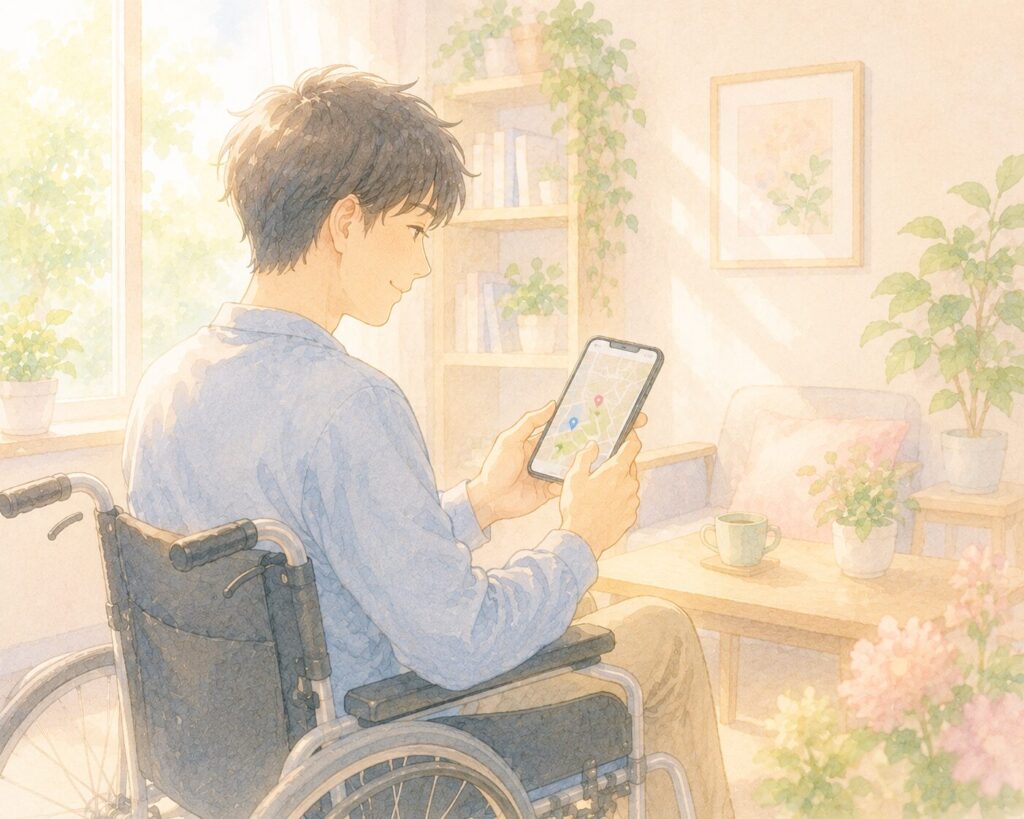 車いすの男性がスマホでロードマップを調べている。