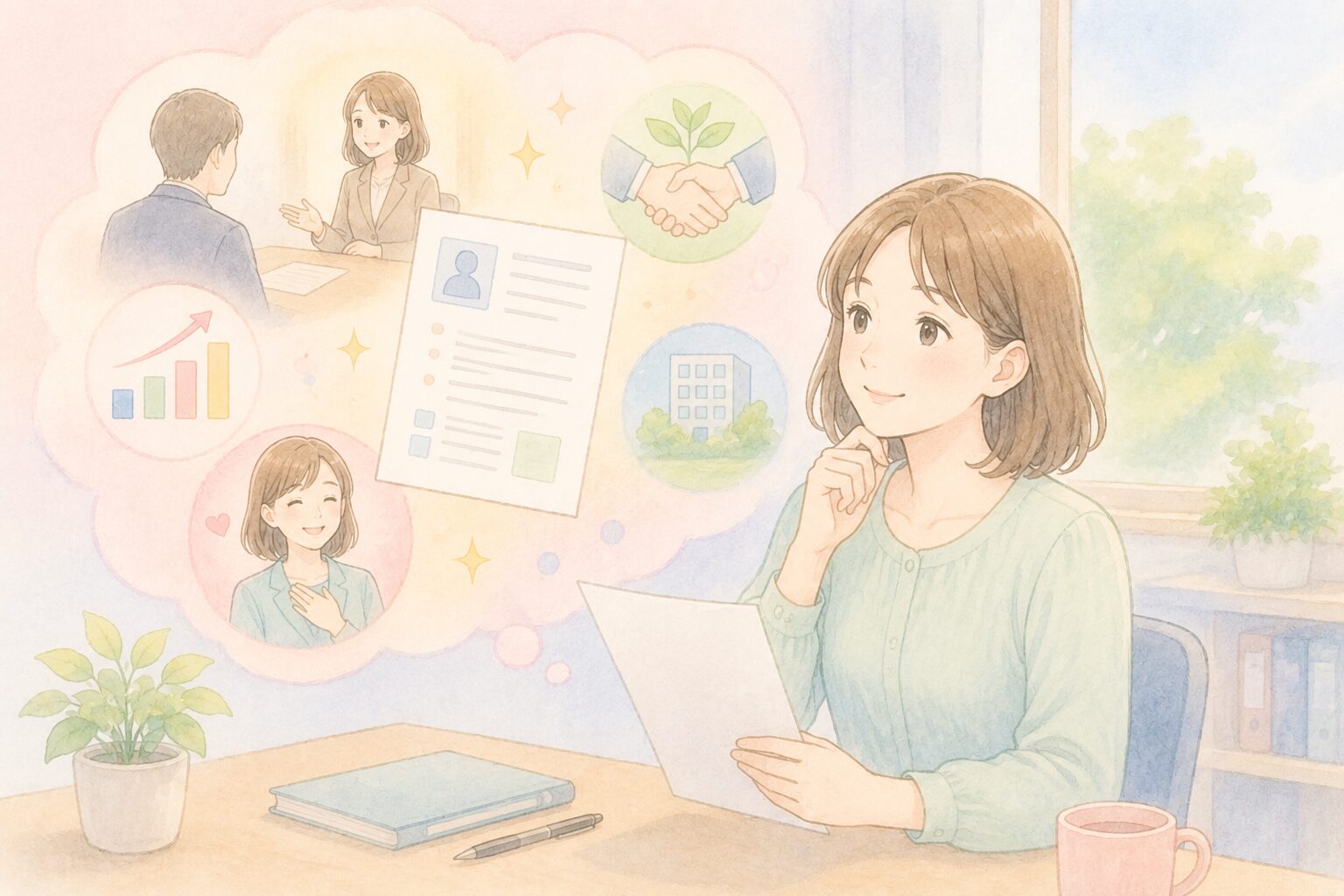 職務経歴書でキャリアの希望と未来のビジョンを描く女性