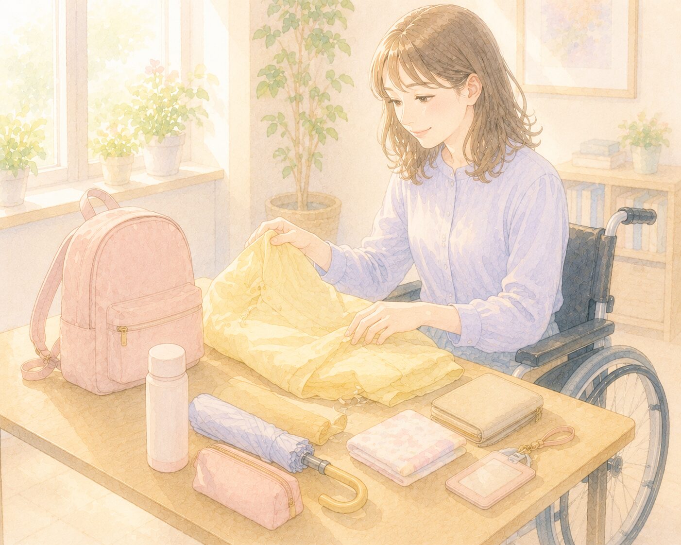 出発準備をする車いすの女性