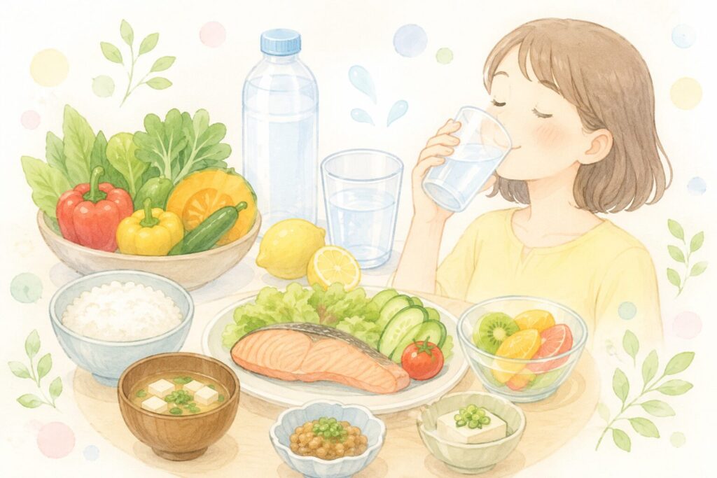 健康的な食事と水分補給をする女性