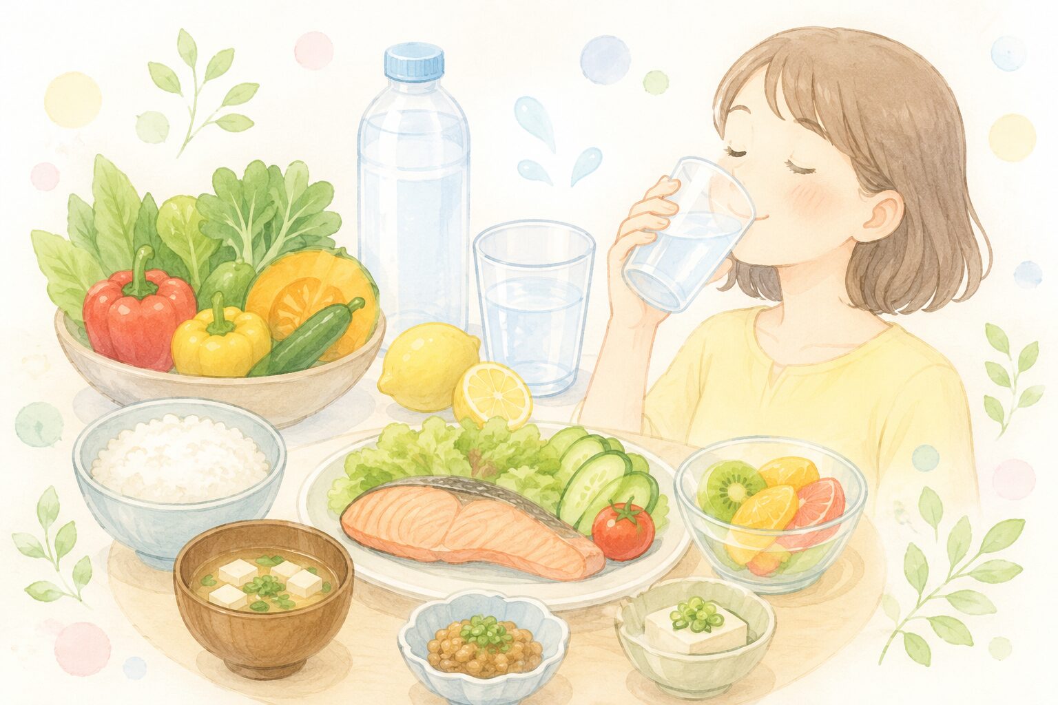 健康的な食事と水分補給をする女性