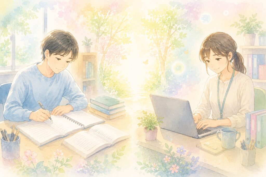 勉強する男性とパソコン作業をする女性