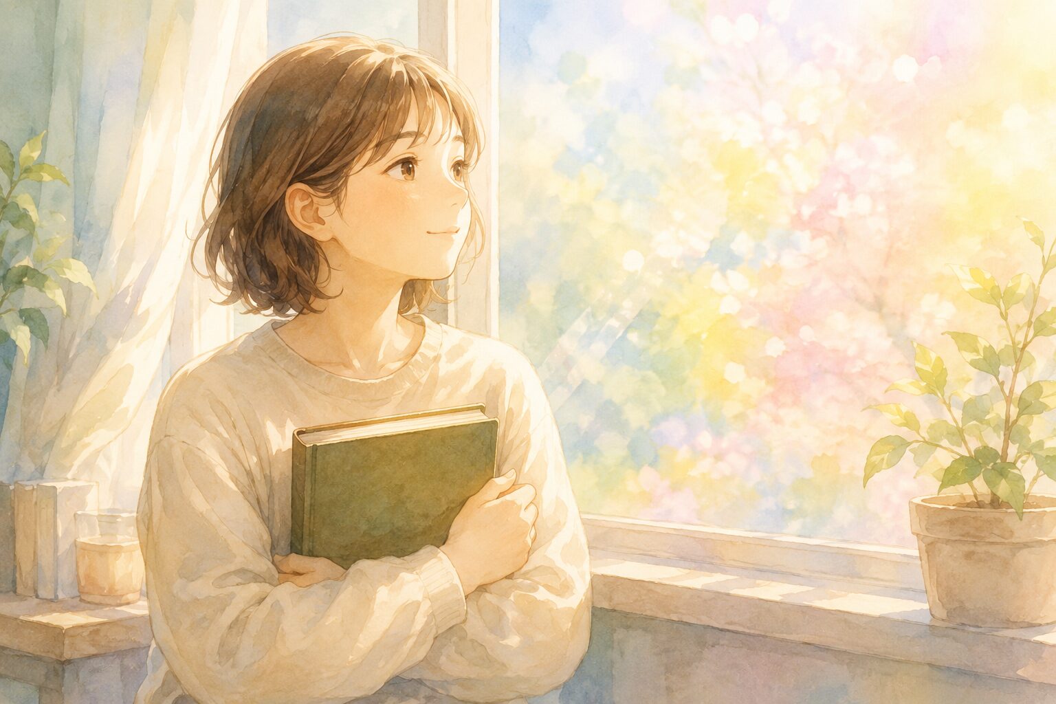 窓際で本をかたてに外を眺める女性