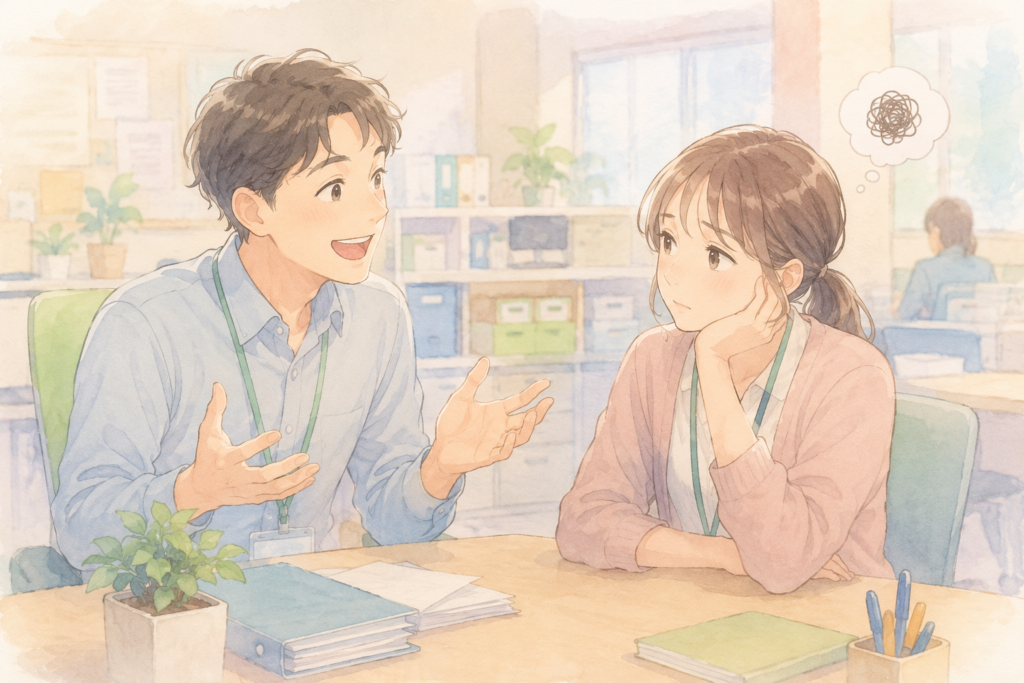 饒舌に話す男性と、少し迷惑に感じる女性