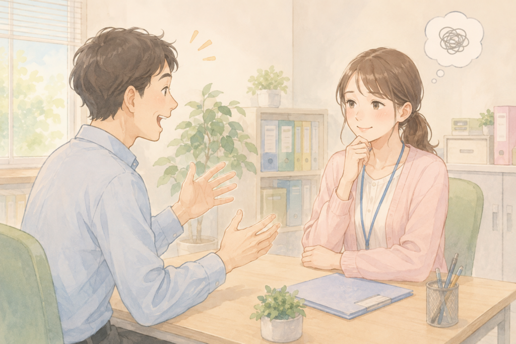 饒舌に話す男性と、少し迷惑に感じる女性