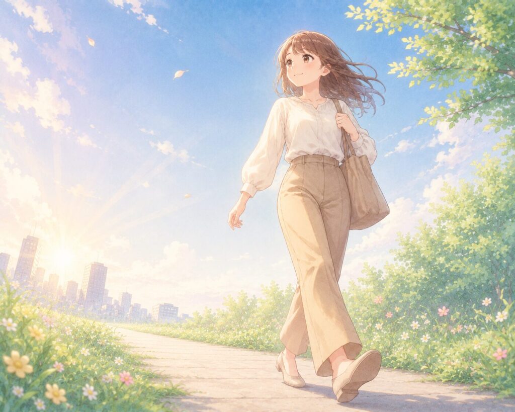 明るい未来への一歩を踏む女性