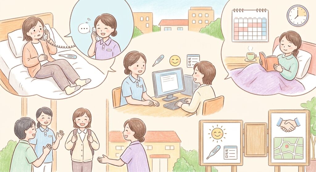 体調不良で支援員に相談をする女性