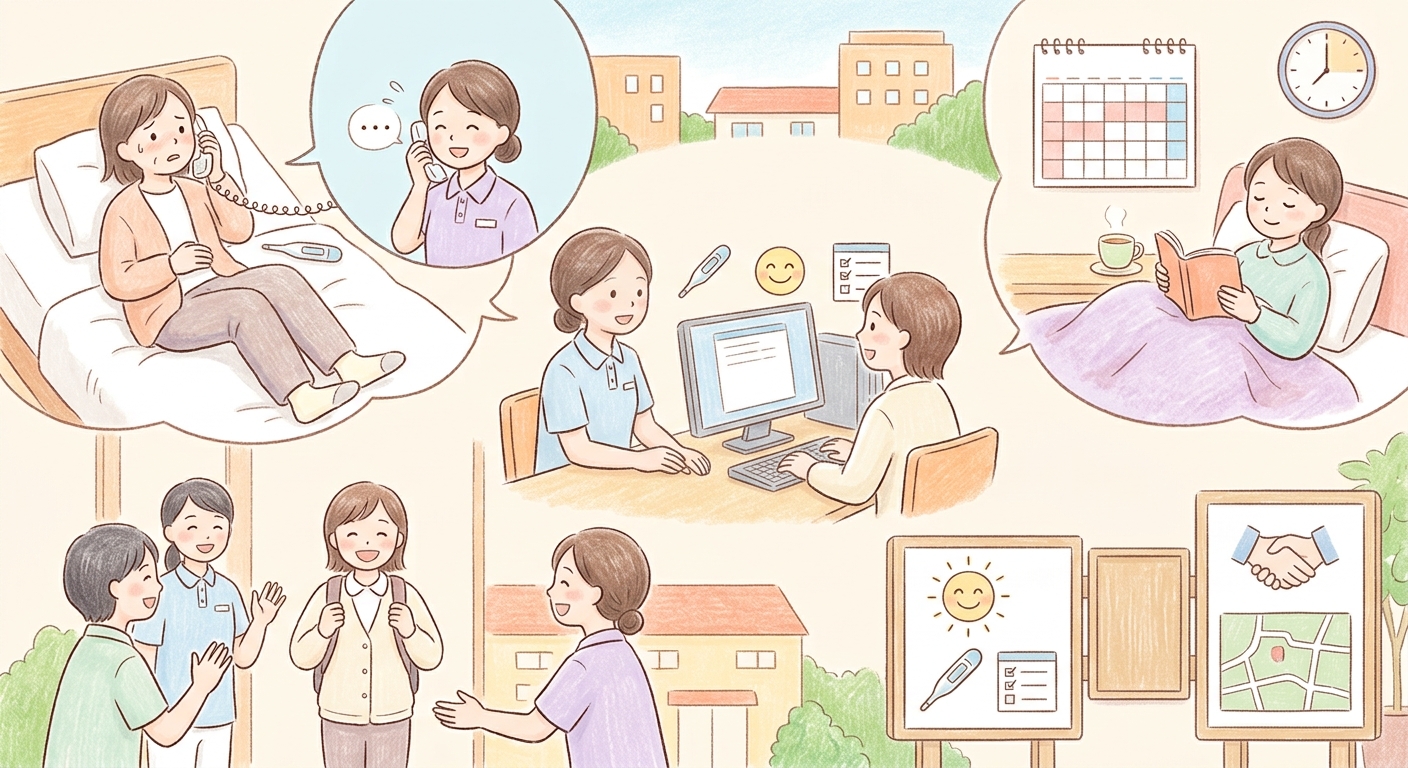 体調不良で支援員に相談をする女性