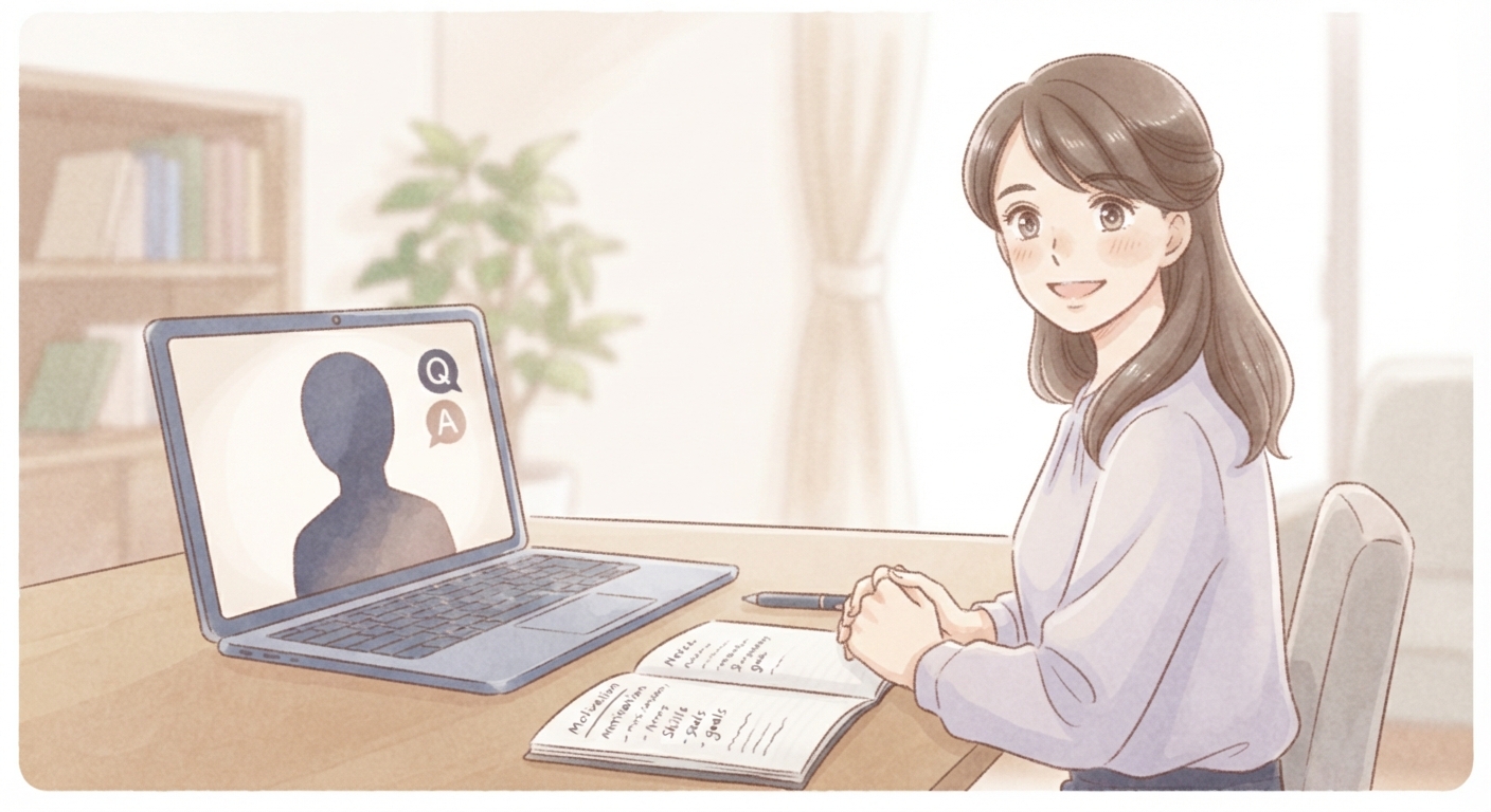 志望動機をまとめたノートを開き、リラックスして微笑む女性
