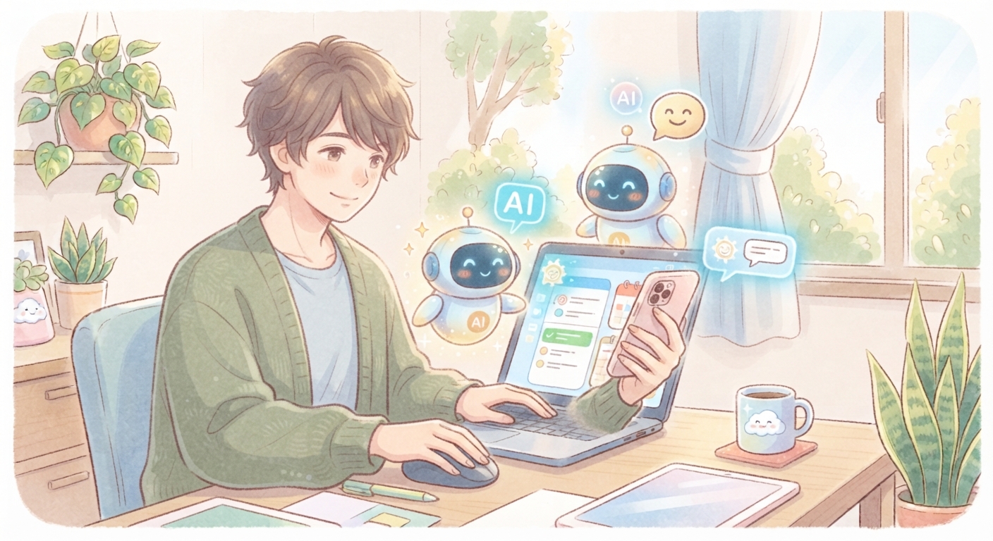 パソコンやスマートフォンに向かって、やさしい表情でAIとやり取りしている男性
