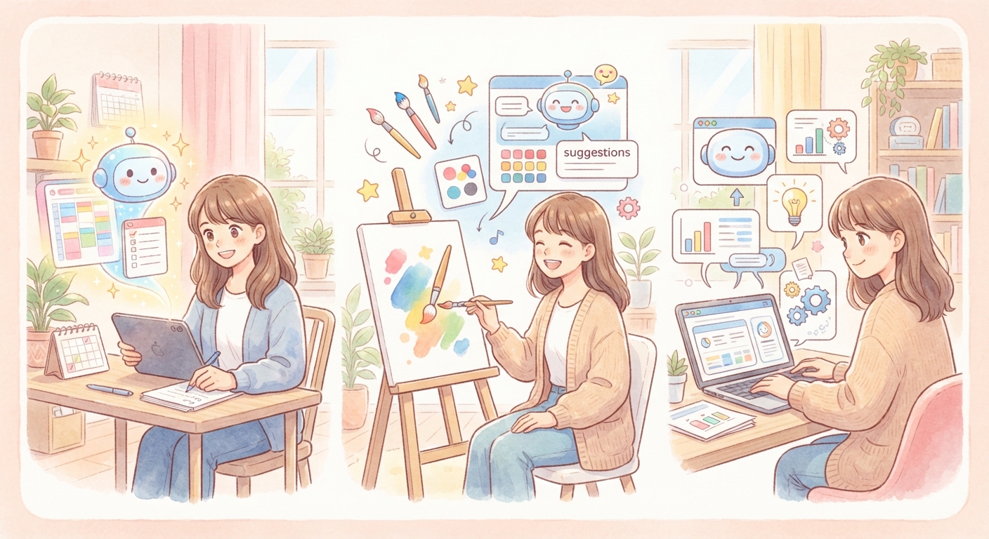 メモ帳とペンを持ちながら、AIから教えてもらったアイデアを笑顔で整理している女性