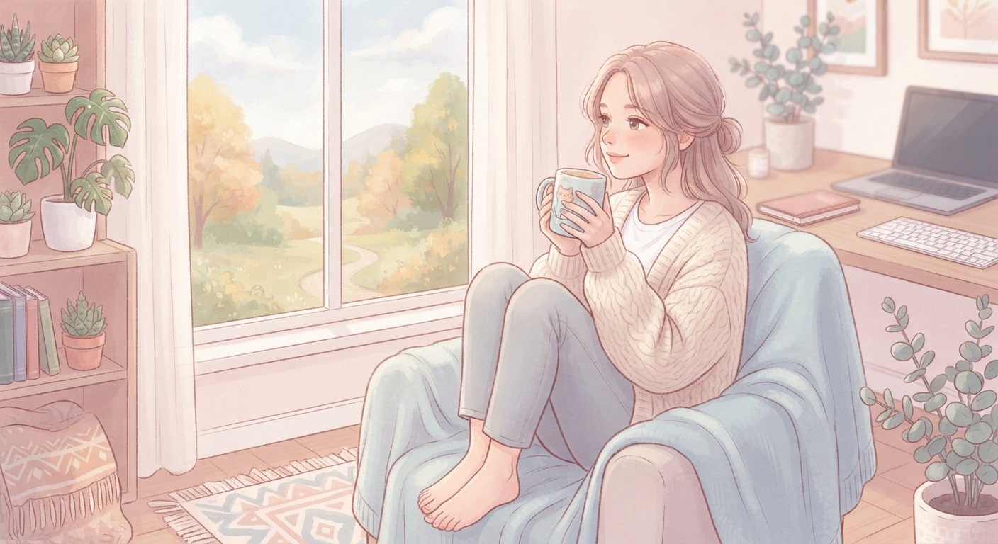 画面から少し離れて、温かいお茶を飲みながら窓の外を眺めてホッと一息ついている女性