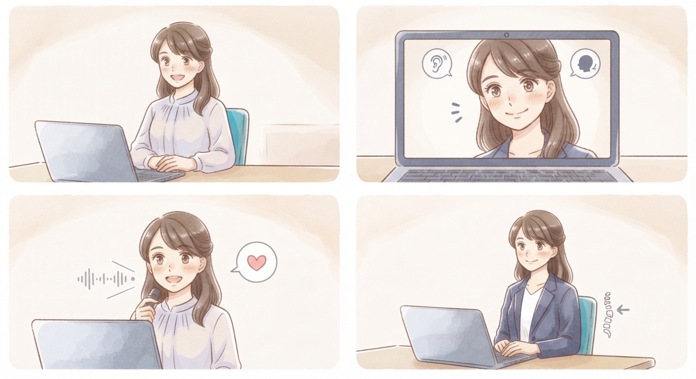 画面越しで気持ちが伝わるマナーの練習をする女性