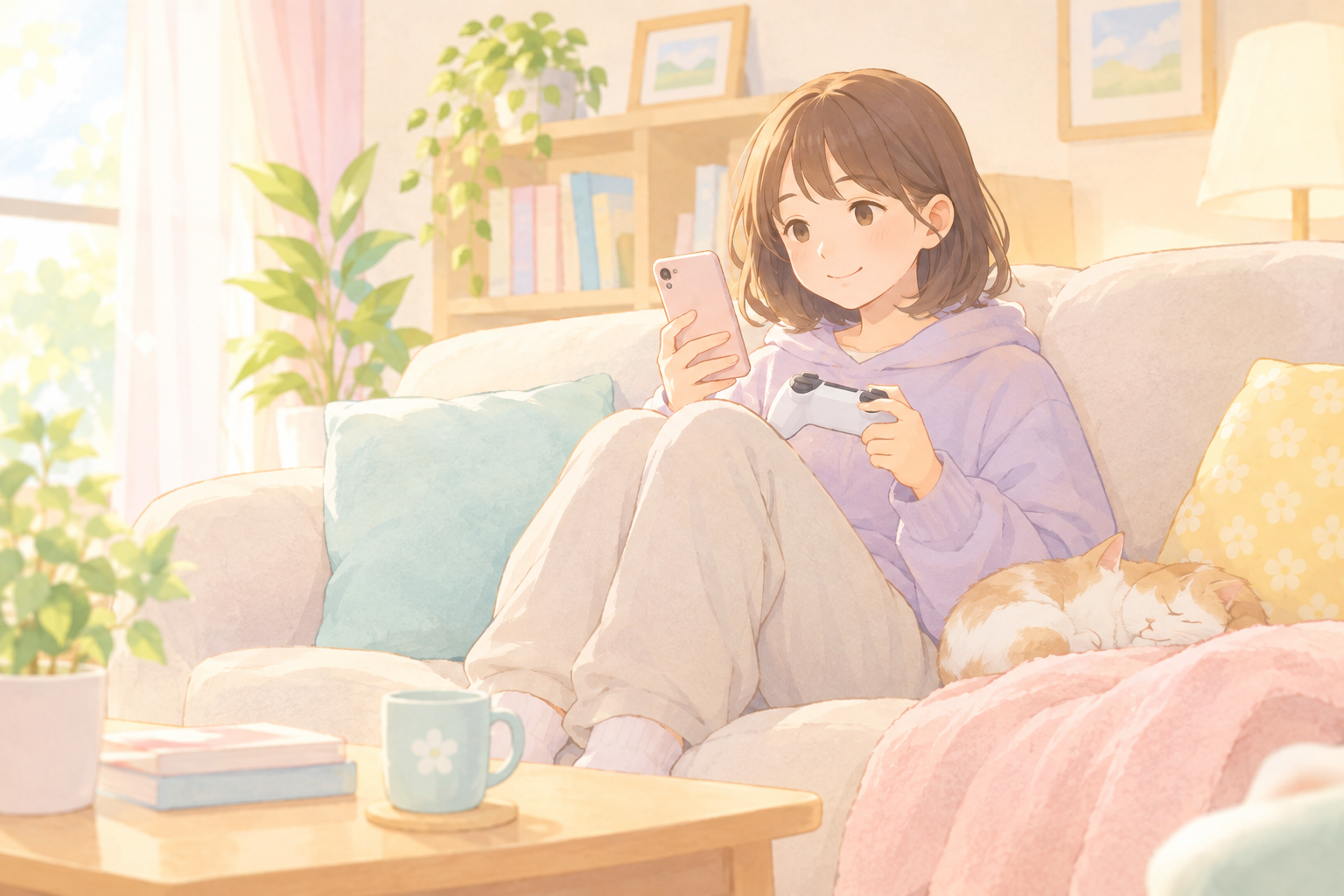 柔らかなパステルカラーで、あたたかい部屋のソファに座り、スマートフォンやゲームのコントローラーを手にしながら穏やかに過ごしている女性