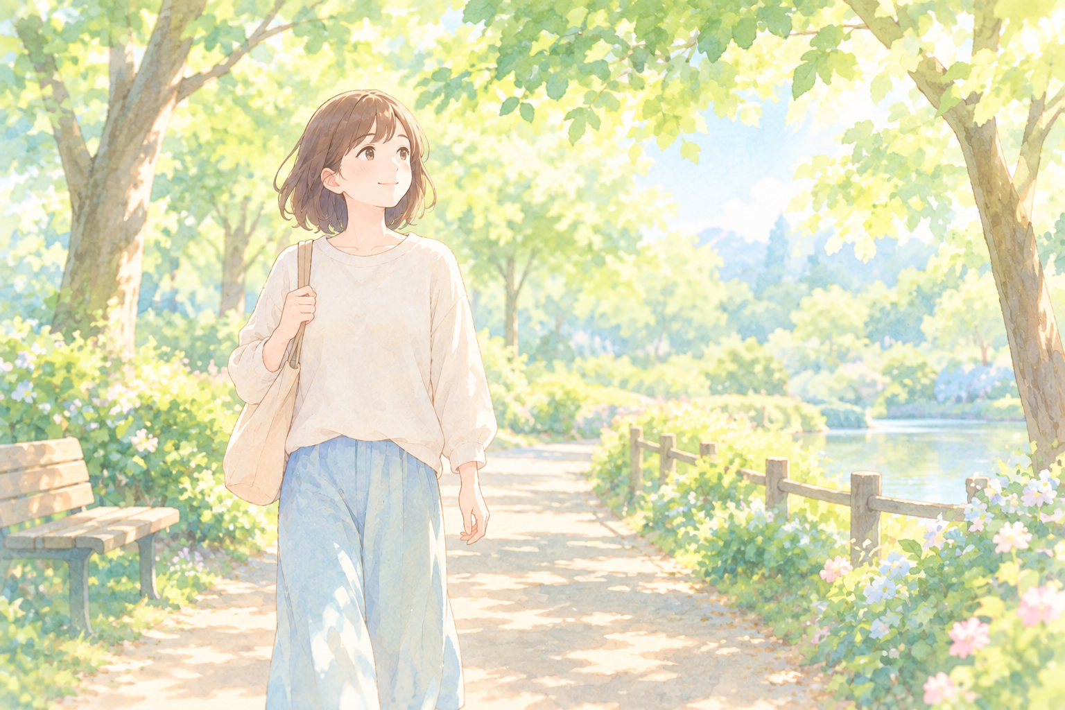 木漏れ日の中の穏やかな公園散歩する女性